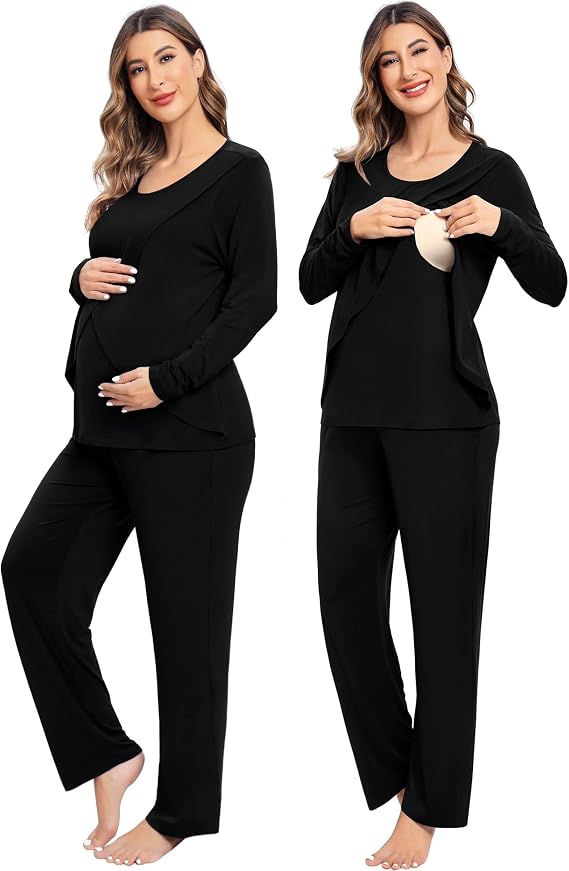 SWOMOG Women Maternity Pajama Set Nursing Pjs Double Layer Long Sleeve Top & Pants Breastfeeding Pregnancy Set with Pockets