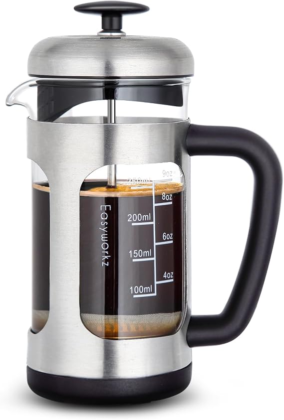 Easyworkz French Press Stainless Steel Heat Resistant Glass Soft Grip 350ml 3 Cups Silver