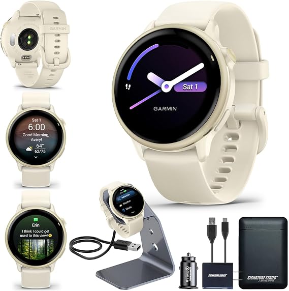 Garmin vivoactive 6 GPS Smartwatch with AMOLED Display, Lunar Gold | Advanced Health and Fitness Features, Up to 11 Day Battery, Energy Monitoring, Sleep Coach | with Signature Series Power Bundle
