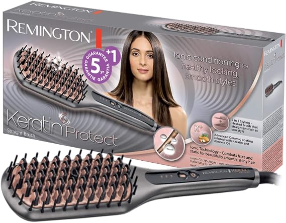 Remington Hair Straightener Keratin Protect 2 in 1 Straightener and Hair Brush, Keratin Ceramic Coating Enriched with Almond Oil, Digital Display, 150-230°C CB7480
