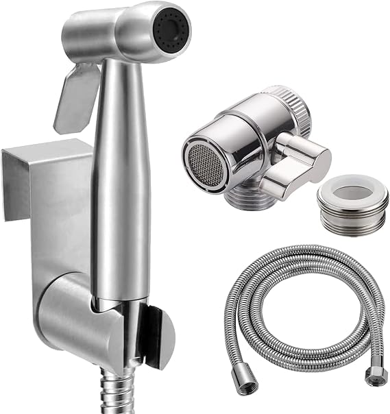 Bidet Stainless Steel Hand Shower Muslim Stainless Steel Shower and Baby Cloth Nappy Spray Kit with M22 x M24 Taps Shower Switch Diverter Valve Hose and Hook Toilet or Wall Mount