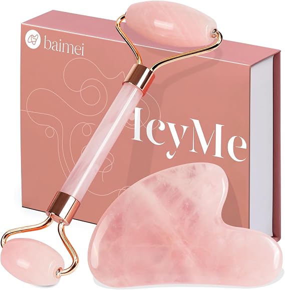 BAIMEI Jade Roller & Gua Sha Set for Face,Face Roller Massager,Rose Quartz