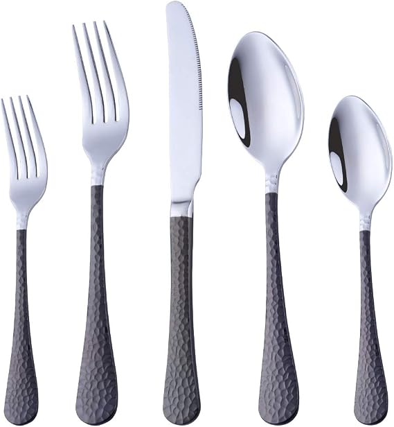 BuyGo 20-Piece Silverware Set, Hammered Design Flatware Set Dinnerware Set, Stainless Steel Tableware Eating Utensils Service for 4, Black Handle