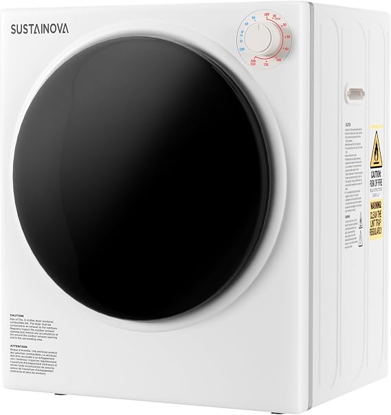 Elevon Compact Laundry Dryer, 2.6 cu ft Front Load Stainless Steel Clothes Dryers with Exhaust Pipe, 1400W, Control Panel Four-Function Portable Dryer For Apartments, Home, White/Black