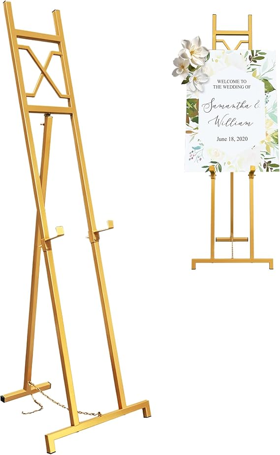 Easel Stand, 13.5" x 53.5" Adjustable Height Metal Easel Display Stand, Square Tube Gold