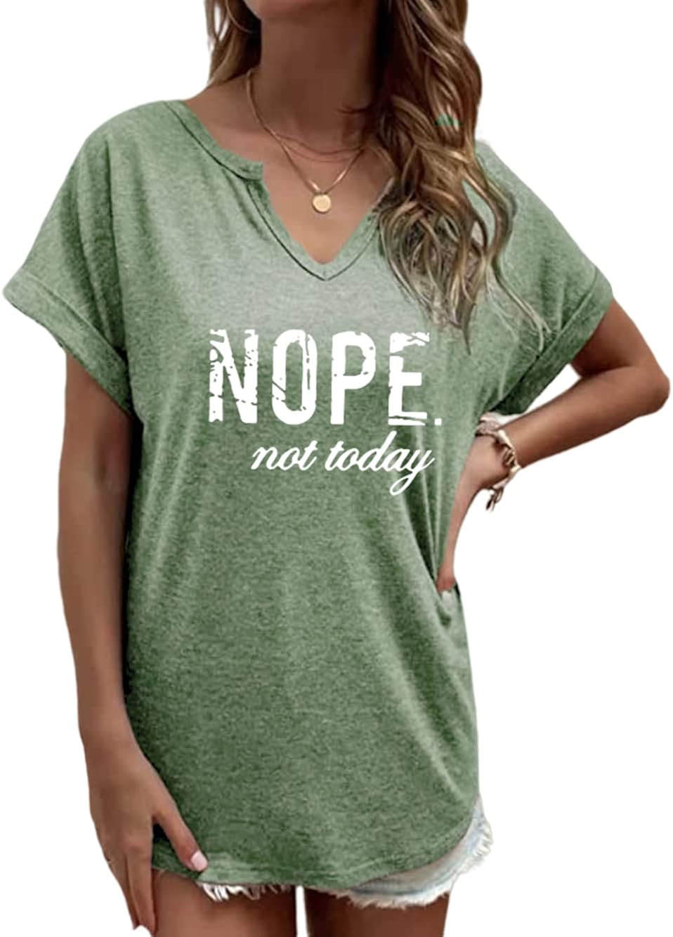 Nope Not Today Women V-Neck Letter Print Funny T Shirts Short Sleeve Graphic Shirts Loose Casual Tops Tee