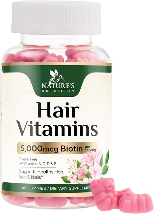 Hair Vitamins Gummies with Biotin 5000 mcg - Extra Strength Hair Growth Support Vitamin E & C - Stronger Radiant Hair, Skin & Nails Supplement - Hair Growth Support Gummy, Berry Flavor - 60 Gummies