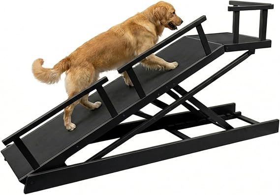65" Foldable Dog Ramp for Bed, 6-Level Height Adjustable, EVA Non-Slip Surface, Holds Up to 200 lbs, Rest Platform & Glow Strips, Safety Rails & Anchor Straps, for Large & Senior Dogs, Black
