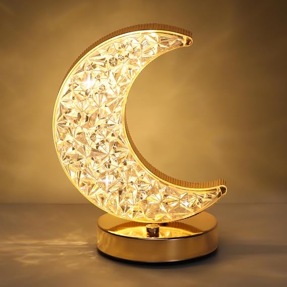 Lewondr Ramadan Crescent Moon Table Lamp, 3 Way Dimmable Touch Lamp, Gold
