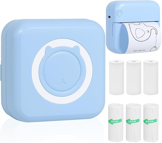 AURTEC Mini Thermal Printer, Portable Wireless Bluetooth Inkless With 3 Rolls of Sticker and 3 Rolls of Thermal Paper, Compatible With Android/iOS, Pocket for Memo and More Blue
