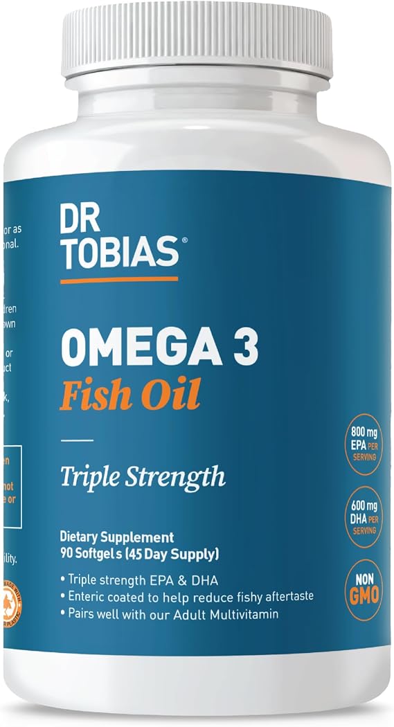 Dr. Tobias Omega 3 Fish Oil 2000mg Triple Strength | 90 Softgels | Heart, Brain & Joint Support | 800mg EPA + 600mg DHA Per Serving | Delayed Release Omega 3 Supplement | 30 Servings