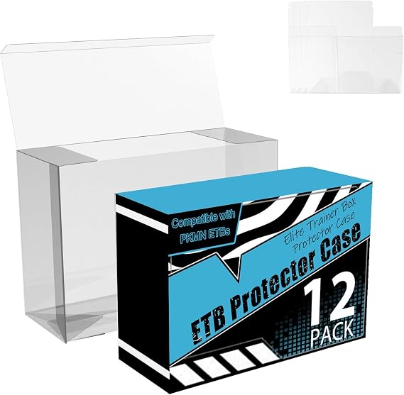 12 Pack ETB Protector Case Compatible with PKMN Elite Trainer Box Protector Cases 0.5mm Thick Plastic Heavy Duty Clear PKMN ETB Case Protector Cover Soft with Protective Film Auto-locking Bottom