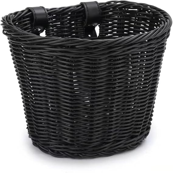 Bike Basket, Front Handlebar Storage Basket with Adjustable Leather Straps, Bicycle Accessories, Hand Woven, Waterproof (Black(10 * 7.5 * 7 in))