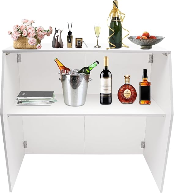 Portable Folding Event Bar, Mobile Bartender Station with Top and Middle Shelves, Mobile Foldable Bar Cabinet for Parties, Events, and Home Use (White)