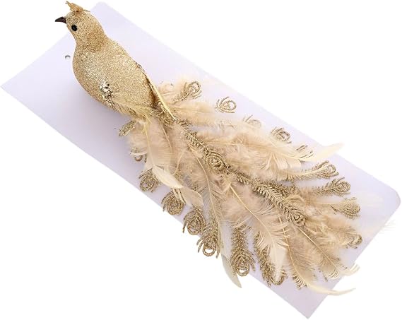 Artificial Bird Ornaments for Christmas Tree Exquisite Glittering Foam Birds Clip on Tree Ornaments with Realistic Feather for Holiday Wreath Garland DIY Craft (Gold-1)