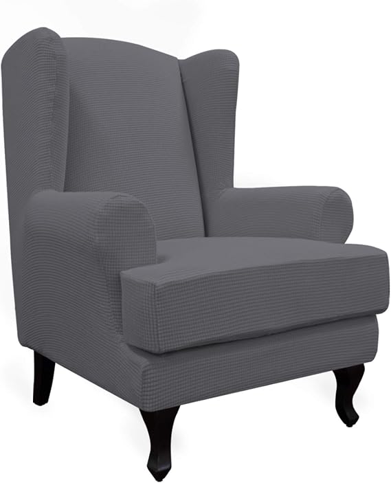 Easy-Going Stretch Wingback Chair Sofa Slipcover 2-Piece Sofa Cover Furniture Protector Couch Soft with Elastic Bottom, Spandex Jacquard Fabric Small Checks Gray