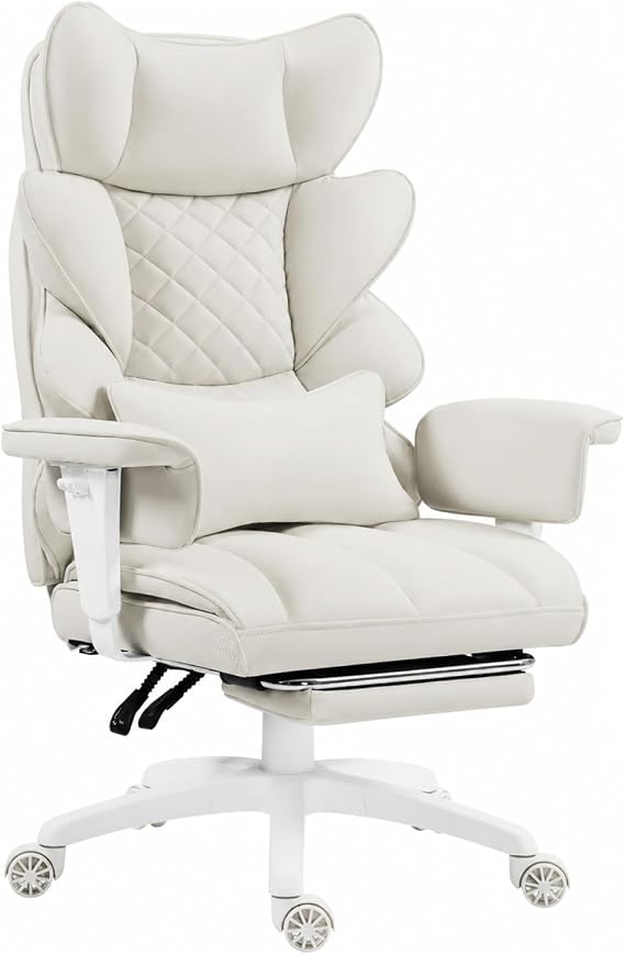 Dowinx Big and Tall Office Chair with Pocket Spring Cushion,High Back Computer Gaming Chairs with Adjustable Armrests,Executive Desk Chairs with Lumbar Support and Footrest,PU -White