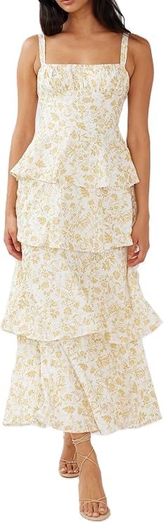 Argeousgor Womens Floral Print Maxi Dresses Tiered Ruffles Long Dress Spaghetti Strap Sleeveless Flowy Layered Sundress