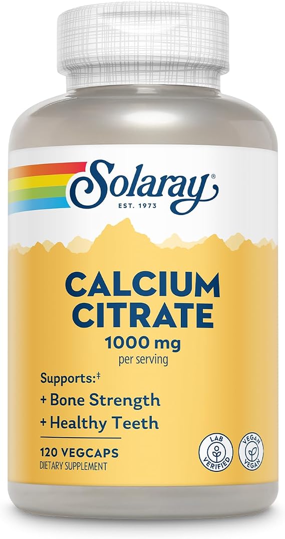 SOLARAY Calcium Citrate 1000 mg, 120 VegCaps | Bone & Teeth Support, Gentle Digestion Formula, 68 Servings, Vegan, Lab Verified