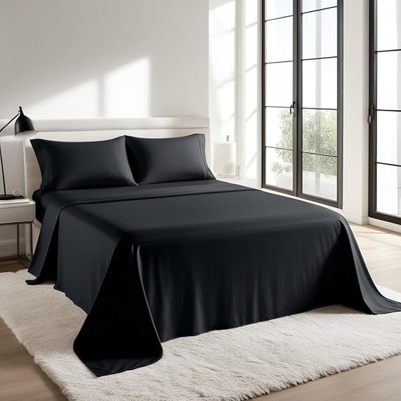 Flat Sheet 100% Egyptian Cotton, 200 Thread Count, Premium Hotel Quality Ultra Soft Bedding | Luxury Non-Iron, Wrinkle, Stain & Fade Resistant Top Sheet (Black, Double)