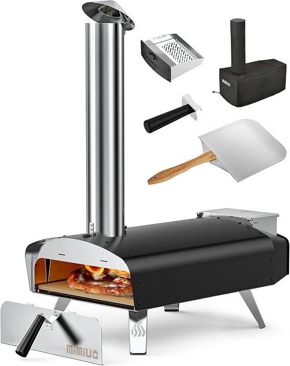 Mimiuo 12" Wood Pellet Pizza Oven Outdoor 35 Lbs 60 Sec Bake, Stone/Peel | Heavy Duty, Portable, Complete Baking Tool with Stone, Peel & Cover, Easy Operation, for Backyard Party Outside Camping