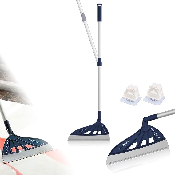 Magic Air Broom Household Silicone Broom, Multifunction Squeegee with 2 Heads - Brush and Scrape, Magic Broom Sweeper with Extra-Long Adjustable Aluminum Handle for Floor, Glass, Tile (Blue)