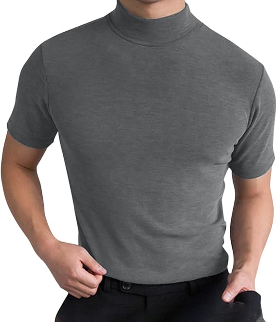 Mock Turtleneck for Men Slim Solid Short Sleeve T Shirts Basic High Neck Undershirt Fshion Plus Size Tee Comfy Top