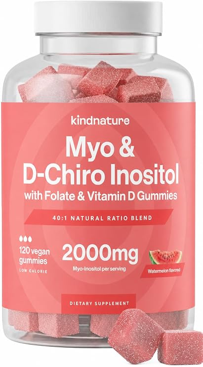 kindnature Myo-Inositol & D-Chiro Inositol Gummies for Women 2000mg + 50mg, Ideal 40:1 Ratio with Vitamin D & Folate Hormone Balance & Fertility Support Vegan, Watermelon Flavor (120 Gummies)