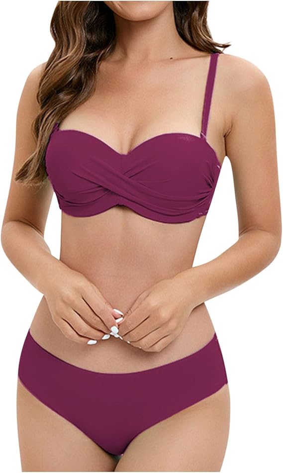 Bikini Sets for Women 2025 Push up Mid Rise 2 Piece Bathing Suit Solid Ruched Adjustable Straps Summer Beach Swimsuit