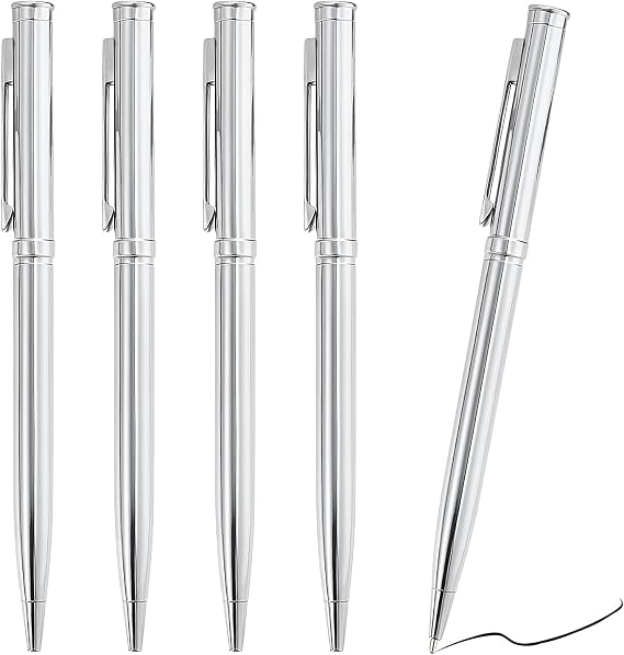 5 Quality Luxury Silver Metal Ballpoint Writing Pens Black Gel Ink