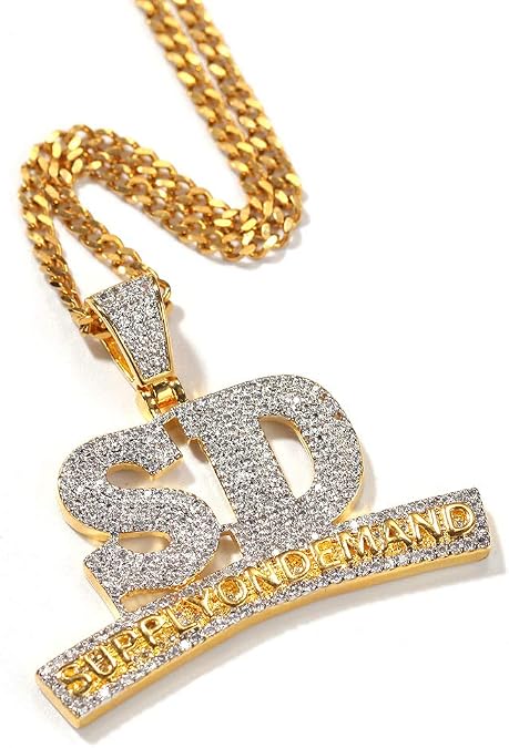 18K Gold Plated Diamond Letter SUPPLYONDEMAND Pendant Necklace Iced Out CZ Mens Hip Hop Necklace