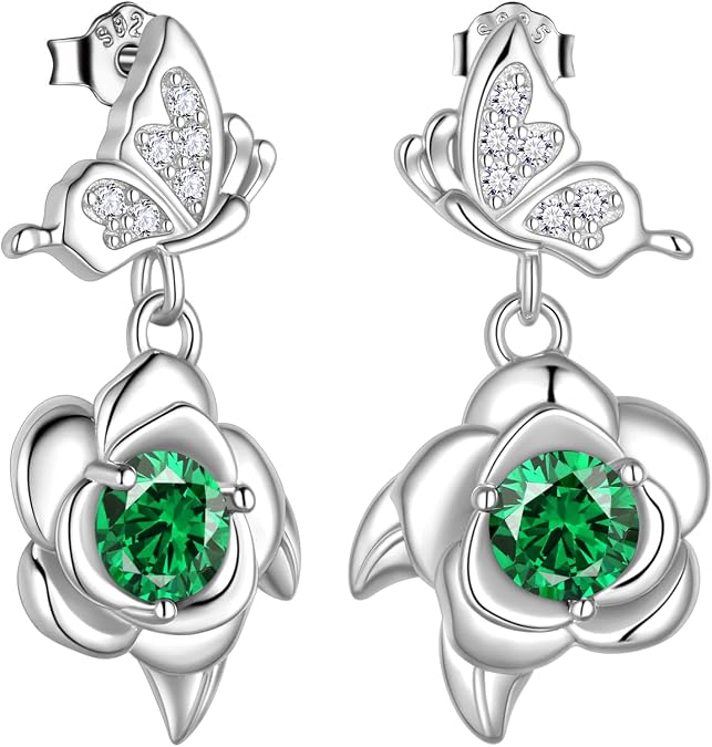 Jewmon Butterfly Earrings for Women 925 Sterling Silver Flower Rose Birthstone Earrings Elegant Rose Earrings Jewelry Gift for Mom Wife Girlfriend Friends Bithday Graduation Wedding Christmas Day Gift