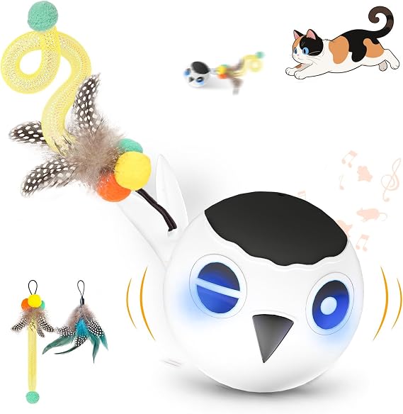 Interactive Cat Toys for Indoor Cats Adult, Cat Ball Toy for Kitten, Automatic Moving Ball for Puppy Small Dog with 2 Feather Tails, 4 Mode Motion Touch Activation, Multiple Chirps Stimulate