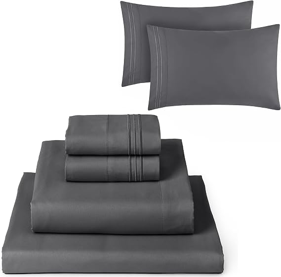 Mellanni 4PC Bed Sheet Set + 2 Pillowcases Bundle&Save - Iconic Collection Bedding - Bundle Includes: 1 Flat Sheets, 1 Fitted Sheet and 4 Pillow Cases (Queen, Gray)