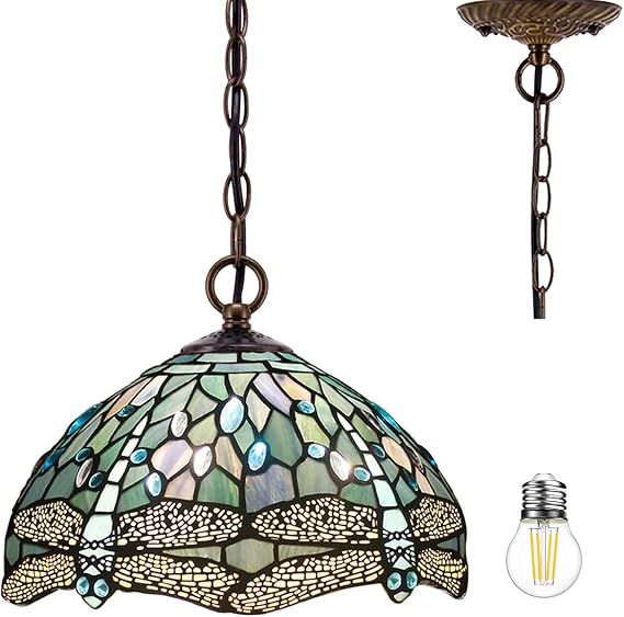 WERFACTORY Tiffany Pendant Light Fixture Stained Glass Hanging Lamp 12 Inch