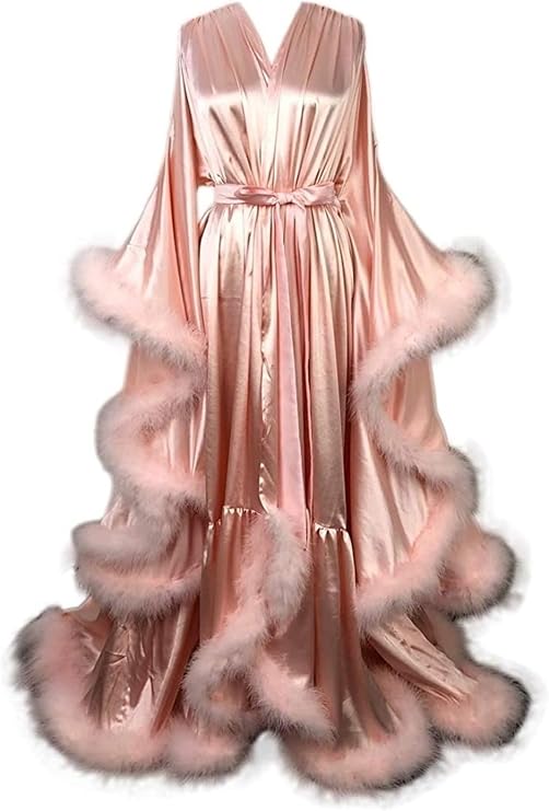 Womens Feather Bridal Robe Fashion Luxury Fur Trim Silk Satin Maternity Bathrobe Lingerie Nightgown Robes New Made