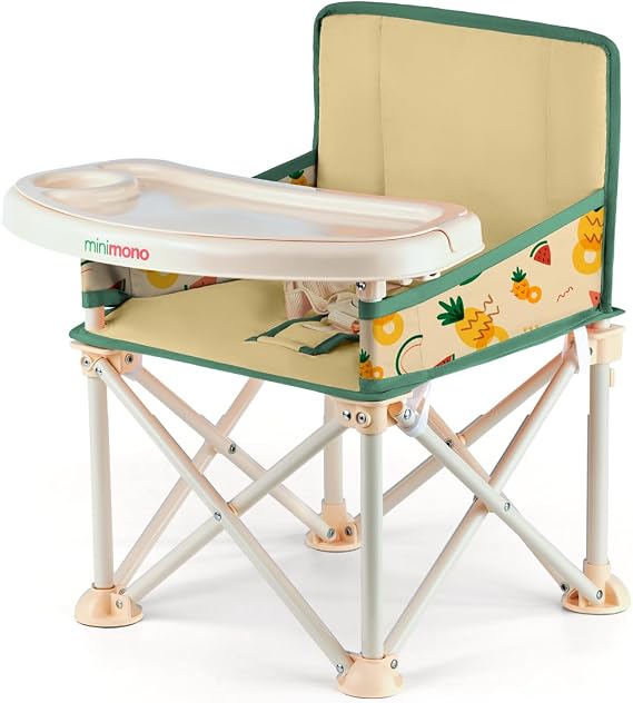 Minimono Plus Portable and Foldable High Chair – Raiser Chair with Tray for Baby and Young Children, Safety Belt, Easy and Compact Folding – Carrying Bag (Beige - Watermelon & Pineapple)