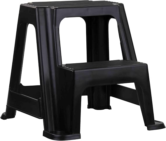2-Step Plastic Stepping Stool by Spigo with Non-Slip Step Treads, Anti-Slip Design, Industrial Strength and Resilience, Compact and Lightweight, Black