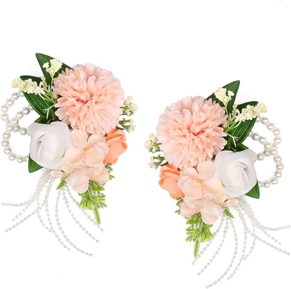 TINGE TIME Set of 2 Wrist Corsage Bracelets Pearl Wristlet Band Bridesmaid Bracelet for Wedding Ceremony Bridal Shower Wedding Artificial Flower Prom (CoralPink&Champagne)