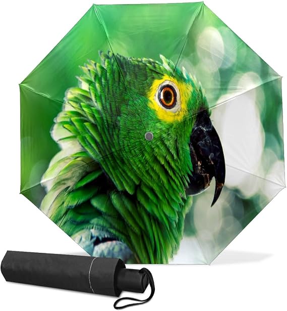 Automatic Folding Umbrella, Green Parrot Bird Waterproof Compact Sun and Rain Travel Umbrellas for Women & Men