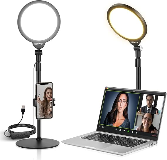 NEEWER Basics 7" Desk Ring Light for Video Recording, 10W Dimmable, R06 | Full Screen Key Lighting, Stand, Phone Holder for iPhone, Computer, Laptop, Vlog, Live Streaming, Video Conference Lighting