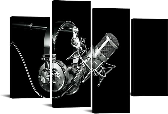 iKNOW FOTO 4pcs Black and White Headphones on Microphone Stand Canvas Print Wall Art Audio Recording Studio Equipment Pictures Musical Painting Contemporary Music Room Decorations 48x33