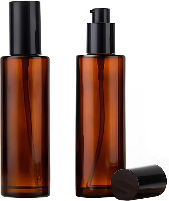 2PCS 100ml/3.3oz Empty Refillable Amber Glass Lotion Pump Press Bottles Soap Dispensers Containers Jars with Black Cap for Foundation Cream Makeup Removel Oil Shampoo