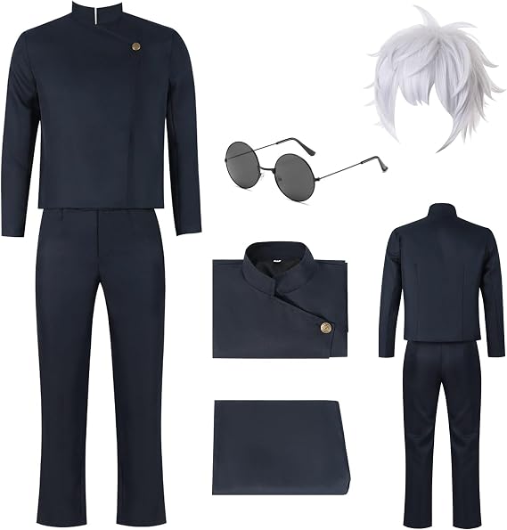 TMSREBU Satoru Gojo Cosplay Costume Outfit Uniform with Glasses Full Set for Men