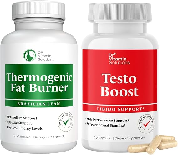 DR VITAMIN SOLUTIONS Thermogenic Fat Burner Brazilian Lean, 60 Capsules and Dr. Vitamin Testo Boost Supplement for Men, 30 Capsules