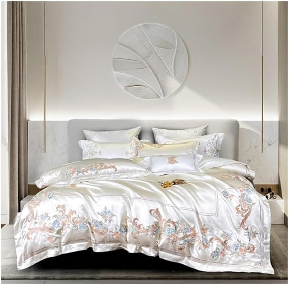 Bed Sheet Set Bedding Luxurious Four-Piece Sets Embroidery Bedding Cotton Quilt Cover Sheet Set Bedding Sets(White,Queen)