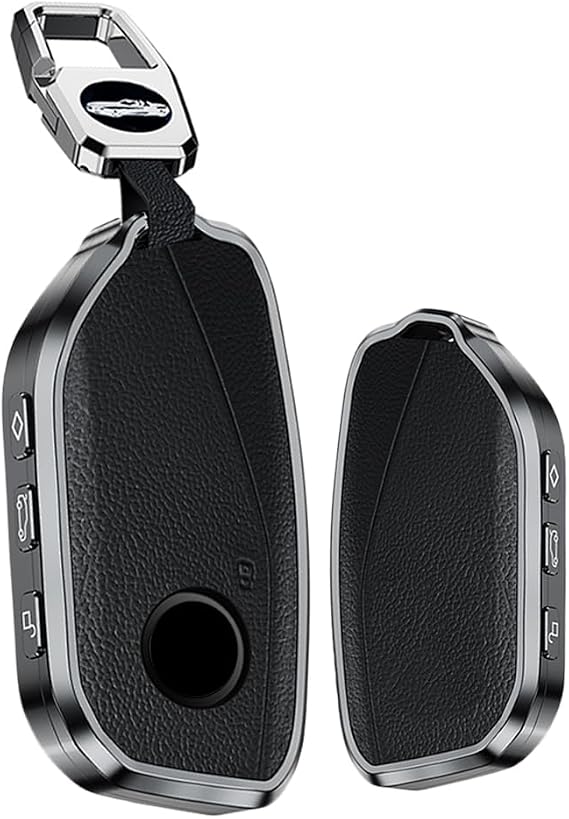 for BMW IX 2023 Key Fob Cover Protect for BMW 7 Series 760i X7 IX i7 XM 2023 Smart Key Accessories Key Shells with Keychains Aluminium and Genuine Leather Material-Black