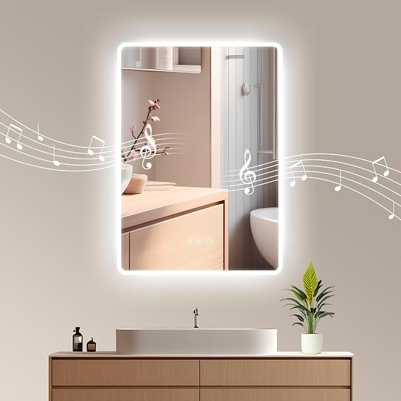 500 x 700 mm Bluetooth LED Illuminated Bathroom Mirror, Anti-Fog Wall Mirror with Lighting with Touch Switch, Bluetooth Speaker, 3 Colours Temperature, Adjustable Brightness [Energy Class F]