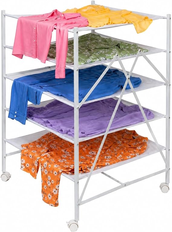 Honey-Can-Do 5-Tier Mesh Laundry Drying Rack with Wheels, Soft Nylon Flat Drying for Sweaters Delicates, Foldable Rolling Clothes Rack, 43 Linear Feet, Holds 30 lbs, White