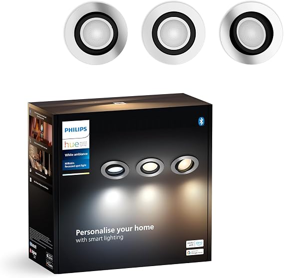 Philips Hue White Ambiance Milliskin Tunable Smart LED Recessed Round Spots 3-Pack Aluminium